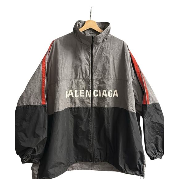 Balenciaga Grey Black Red Logo Zipper Oversized Elephant Windbreaker Jacket 50 - Picture 1 of 7
